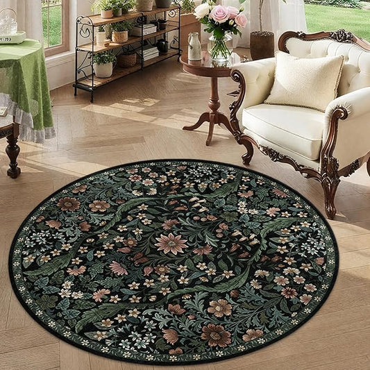 Round Rug 4ft Black Washable Floral Circle Rug,Vintage Boho Botanical Round Area Rugs, Non-Slip Soft Low-Pile Circular Carpet for Bedroom,Kids Room,College Dorm,Home Decor