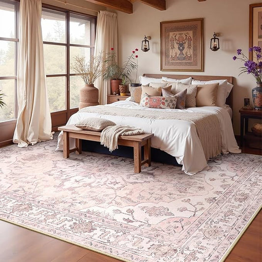 Area Rugs Square 8ft Washable Non-Slip, Floral Vintage Distress Print Pattern Medallion Carpet for Living Room Bedroom Dining Room, Pink Greypink Cute
