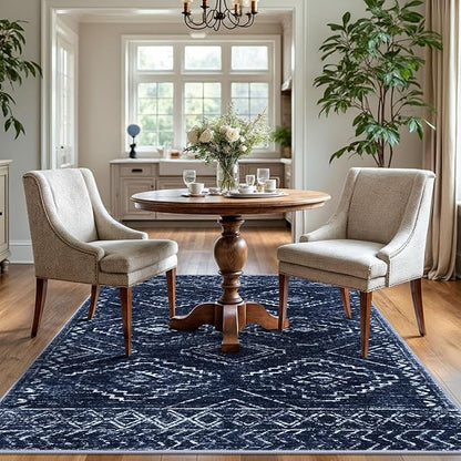 KILOCOCO Area Rug 4'x6' Entryway Rug Washable Bedroom Rugs Non Slip Printed Boho Low-Pile Rubber Backed Blue Soft Rugs for Kitchen Living Room Dining Geometric Moroccan Carpet, Dark Blue