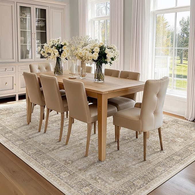Vintage Neutral Large Area Rugs 9x12 for Living Room, Earth Tone Beige Taupe Big Room Carpet Rug for Bedroom Dining Room, Washable Rug with Rubber Backing Low Pile Thin Soft for Family Room