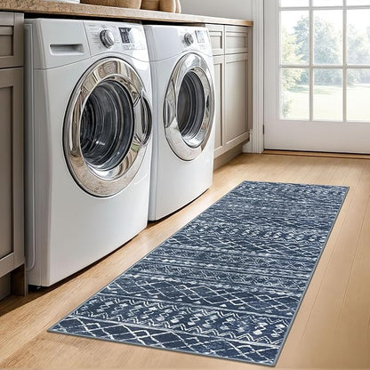 KUTA Boho Kitchen Rugs 2x5 ft Navy Blue Moroccan Washable Runner Rug Non-Slip Vintage Hallway Runners Ultra Soft Distressed Geometric Floor Carpet for Bedroom Laundry Living Room