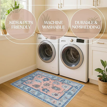 Fame Living Modern Oushak Rug, Rugs, Vintage, Turkish, Eclectic, Floral, Pastel, Washable, Small Throw, Accent Area Rug for Living Room, Bedroom, Kitchen, Bathroom, 2'5"x4'9"