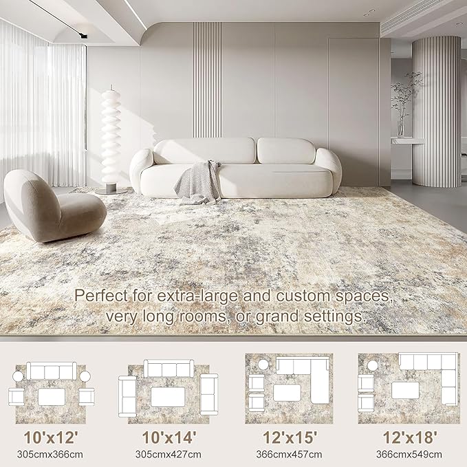 10x12 Area Rug Living Room Rugs - Washable Neutral Modern Abstract Soft Thin Large Rug Indoor Floor No Slip Rug Carpet for Bedroom Under Dining Table Home Office Decor - Golden Grey