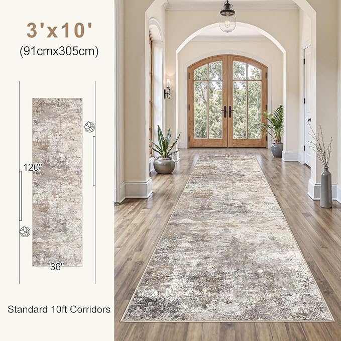 3X10 Washable Runner Rug for Hallway: Soft Neutral Modern Abstract Area Rug - Non-Slip Low Pile Long Throw Indoor Carpet for Kitchen Entryway Kitchen Bedroom Laundry- Brown Grey