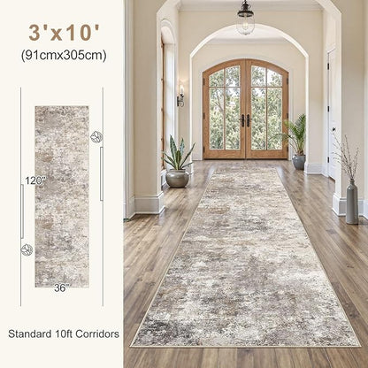 3X10 Washable Runner Rug for Hallway: Soft Neutral Modern Abstract Area Rug - Non-Slip Low Pile Long Throw Indoor Carpet for Kitchen Entryway Kitchen Bedroom Laundry- Brown Grey