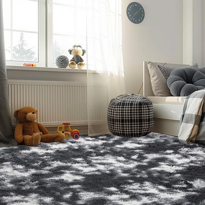 Andency Soft Area Rugs for Living Room Bedroom, 5x8 Fluffy Shaggy Bedside Rug, Non-Slip Large Shag Fuzzy Plush Carpets for Bedroom Kids Dorm Nursery Home Decor Aesthetic, Tie-Dyed White Black