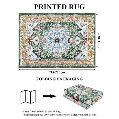 U'Artlines Boho Vintage Area Rug 5x7 Machine Washable Low Pile Soft Floor Carpet Non Slip Non Shedding Accent Rug for Living Room Bedroom Entryway Dining Room Office Green