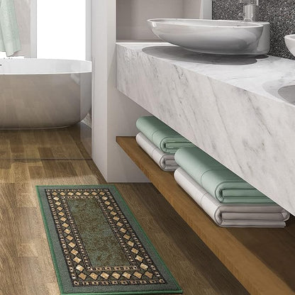 Antep Rugs Alfombras Modern Bordered 2x4 Non-Skid (Non-Slip) Low Profile Pile Rubber Backing Kitchen Area Rugs (Green, 2'3" x 4')