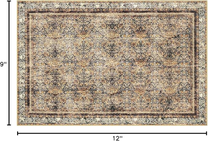 Phantoscope Washable Area Rug 9'x12' Non-Slip, Vintage Neutral Rugs for Living Room, Bedroom, Dining Room, Distressed Boho Floral Medallion Pattern, Low-Pile Foldable Carpet, Brown/Charcoal Spice
