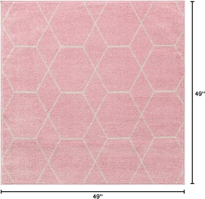 Unique Loom Trellis Frieze Collection Area Rug - Geometric (4' Square, Light Pink/ Ivory)