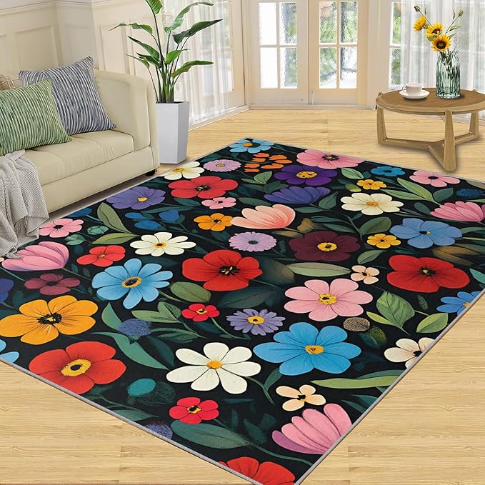 Boho Flowers Rugs for Bedroom - 2x3 Area Rug - Cartoon Flowers Rugs for Living Room, Abstract 3D Floral Rug, Non-Slip Washable Home Decor Carpet