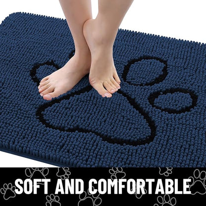 Smiry Dog Door Mat for Muddy Paws, Absorbent Dirt Trapper Non Slip Quick Dry Washable Chenille Mat for Mud Dogs, Entry Rug for Indoor and Outdoor (30x20 Inches, Dark Blue and Black)