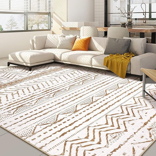Nakagishi Area Rugs 8x10 Living Room: Washable Boho Large Neutral Soft Farmhouse Rug Stain Resistant Modern Geometric Indoor Floor Carpet for Bedroom Nursery Playroom Office Dining Room- Brown White