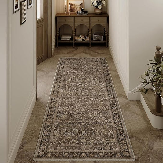 HUGEAR 2x6 Runner Rug Machine Washable Brown Hallway Area Rugs Indoor Accent Rugs Floral Mid Pile Carpet Distressed Soft Thicker Throw Rug Bedroom Office Dining Kitchen Laundry Non Slip