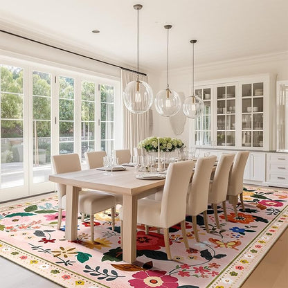 Floral 9x12 Area Rug Machine Washable Soft Print Boho Carpet Non Slip Doormat Low Pile Flower Area Rugs for Living Room Bedroom Nursery Kitchen Dining Room Indoor-Pink