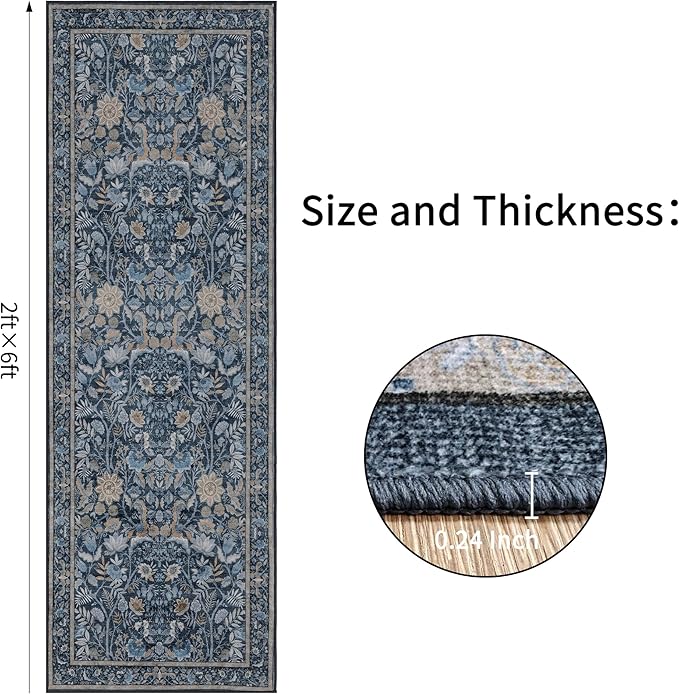 Washable Runner Rug 2x6: Vintage Boho Floral Carpet Runners for Hallway Entryway Non-Slip - Soft Botanical Low Pile Thin Mat for Kitchen Bathroom Bedroom Laundry Floor Decor - Slate Blue