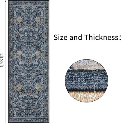 Washable Runner Rug 2x6: Vintage Boho Floral Carpet Runners for Hallway Entryway Non-Slip - Soft Botanical Low Pile Thin Mat for Kitchen Bathroom Bedroom Laundry Floor Decor - Slate Blue