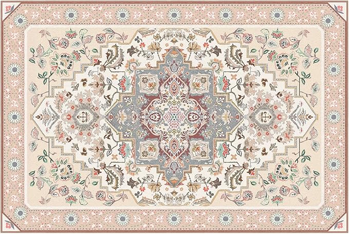 Phantoscope Washable Area Rug 6'x9' Non-Slip, Vintage Boho Rugs for Living Room, Bedroom, Dining Room, Persian Floral Medallion Pattern, Low-Pile Foldable Floor Carpet, Ivory Rose/Fall Bloom