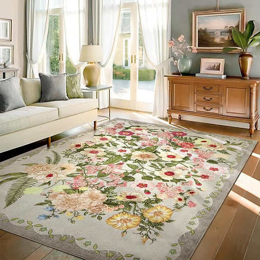 Floral Bedroom Rug - 4x6 Washable Area Rugs Non-Slip Soft Low-Pile Stain Resistant Carpet Flower Print Vintage Indoor Rug forLiving Room Dining Room Office Nursery Room, Grey