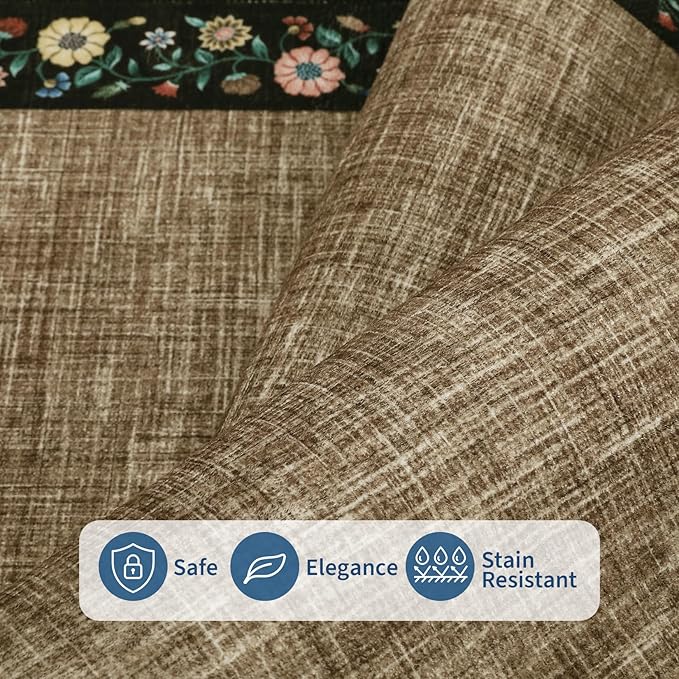 GarveeHome Entryway Rug 2x6 Modern Bordered Runner Rug Washable Kitchen Runners for Hallway Non-Slip Low-Pile Soft Carpet Floral Print Bathroom Mat for Bedroom Laundry Room, Brown