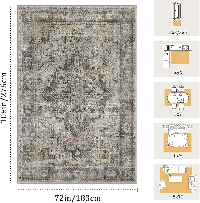 6x9 Machine Washable Area Rug for Living Room, Grey Rusty Boho Vintage Floral Rug Large Non-Slip Low Pile Soft Faux Wool Carpet, Kids and Pets Friendly for Bedroom Dining Room Farmhouse Decor Rug