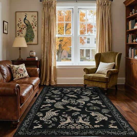 Moynesa Vintage Animal Washable Area Rugs 5x7, Retro Black Gold Area Rug for Bedroom Living Room Dining Room Office Study, Low Pile Soft Non-Slip Lightweight Carpets for Home Decor