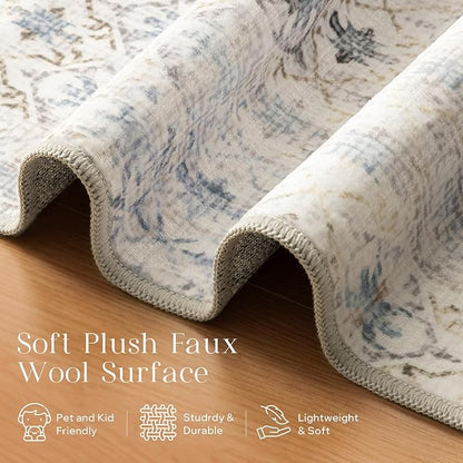 Phantoscope Washable Runner Rug 2'x10' Non-Slip, Modern Hallway Rugs for Entryway, Stair, Bedroom, Dining Room, Distressed Geometric Floral Pattern, Low-Pile Foldable Floor Carpet, Teal Floral/Beige