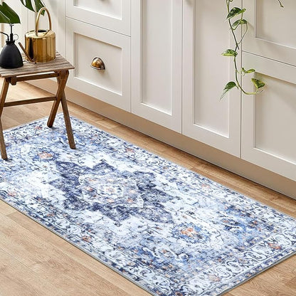 COMSLE Washable Door Mat, Front Door Mat Indoor Faux Wool Absorbent Small Rugs for Entryway Distressed Throw Rug Non-Slip Accent Floor Carpet for Entrance Bedroom, 24X48 Inches Blue