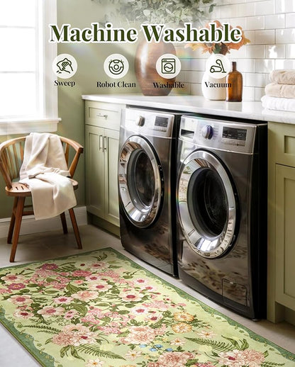 Floral Washable 5x7 Area Rugs - Living Room Rug Non Slip Low Pile Stain Resistant Carpets Indoor Vintage Flower Print Rug for Bedroom Dining Room Kitchen Home Office Green