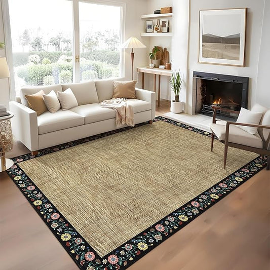 GarveeHome 10x13 Machine Washable Rugs for Living Room Large Area Rug Modern Floral Indoor Accent Carpet Low Pile Carpet Soft Throw Aesthetic Floor Cover for Bedroom Laundry Dining Room, Yellow