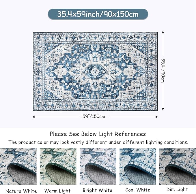 Moynesa Ultra-Thin Washable Vintage Area Rug - 4x6 Living Room Rug for Bedroom Office, Low Pile Non Slip Oriental Laundry Bathroom Mat Indoor Floor Carpet for Entrance Kitchen Mudroom