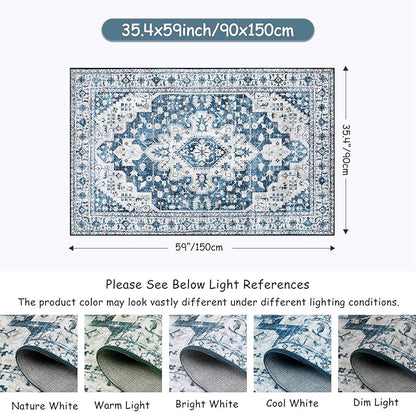 Moynesa Ultra-Thin Washable Vintage Area Rug - 4x6 Living Room Rug for Bedroom Office, Low Pile Non Slip Oriental Laundry Bathroom Mat Indoor Floor Carpet for Entrance Kitchen Mudroom
