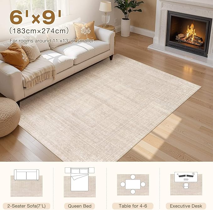 6x9 Area Rugs Living Room: Washable Large Vintage Beige Rug Neutral Non-Slip Soft Stain Resistant Indoor Carpet for Bedroom Nursery Dining Room Under Table Bed Home House Office Playroom