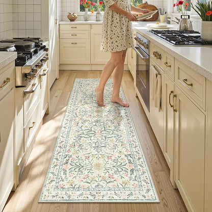 Lahome Washable Runner Rug 2x6, Boho Kitchen Runner Rugs 24 x 72 Non Slip,Vintage Indoor Throw Carpet for Bedside Hallway Entry Bedroom Laundry, Beige/Multi
