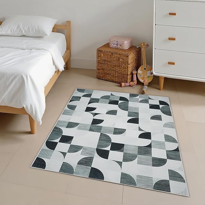 3x5 Rugs Machine Washable, Ultra-Thin Area Rugs for Bedroom Entryway Living Room Bedside Low-Pile, Boho Small Throw Floor Carpet Non Slip Soft Indoor Rug Modern Abstract Gray