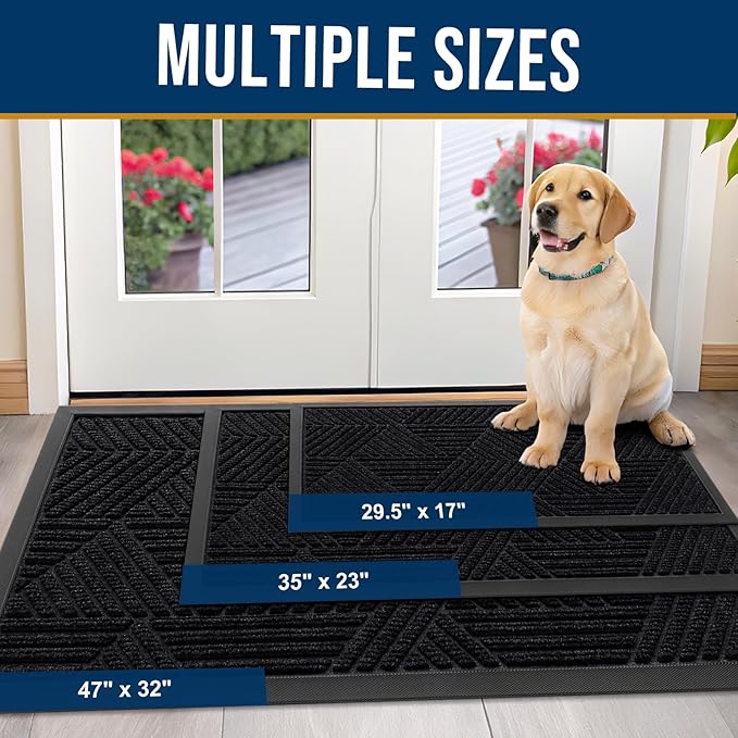 Kitinjoy Front Door Mat Outside Entrance, Sturdy Natural Dirt Trapper, Heavy Duty Rubber Doormat, Low Profile Non-Slip Backing, Easy Clean Floor Mat for Indoor Outdoor Entry, 35X23 Inch, Black