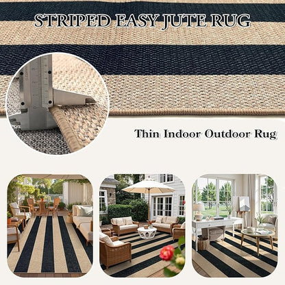 Lahome Striped Easy Jute Outdoor Rug, Washable Rugs 8x10 for Living Room Patio Indoor Outdoor Black Carpet, Farmhouse Neutral Non Slip Non Shedding Floor Carpet for Office Sunroom Dining Room