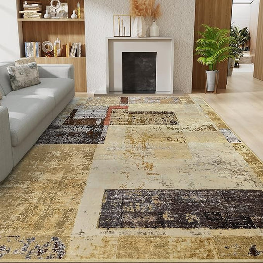 LOCHAS Rug for Living Room 6x9, Washable Soft Area Rugs for Bedroom, Abstract Carpet for Indoor Office Kids Dining Room Nursery Floor, Khaki Geometric Vintage Home Decor, Non Slip, Pet Child Friendly