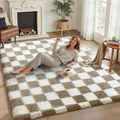 5x7 Area Rugs for Living Room Bedroom, Soft Fluffy Shaggy Bedside Rug, Indoor Floor Carpet for Kids Playroom, Dorms, Nursery Rooms, Home Decor (Camel & White 5'x7')