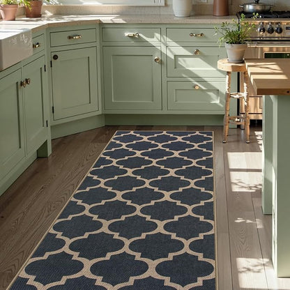Lahome Moroccan Easy Jute Runner Rug, Blue Washable Runner Rugs for Outdoor Porch Hallway, Geometric Trellis Woven Long Carpet for Doorway, Thin Non Slip Outdoor Decor, 2'6'' x 8'
