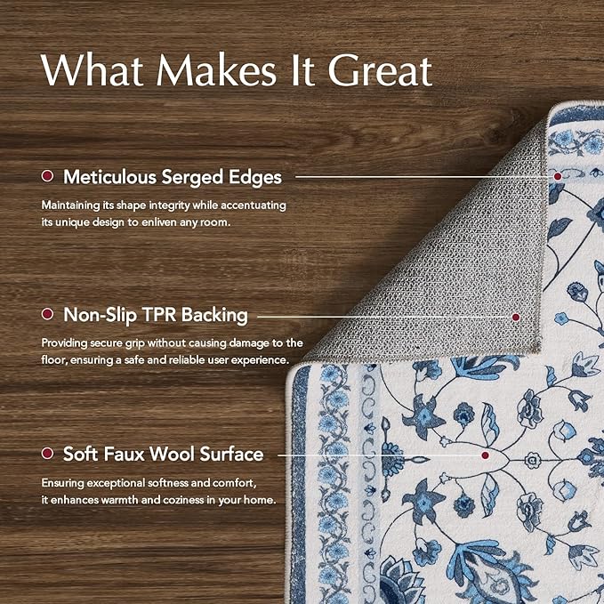 EVERGRACE Area Rugs for Entryway 2x3, Boho Floral Faux Wool Indoor Outdoor Small Rugs, Washable Rugs for Bedroom Bathroom Laundry Doormat, Low Pile Floor Mat Carpet for Home Decor, Porcelain Blue