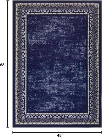 Antep Rugs Alfombras Bordered Modern 4x6 Non-Slip (Non-Skid) Low Pile Rubber Backing Indoor Area Rug (Navy, 4' x 5'8")