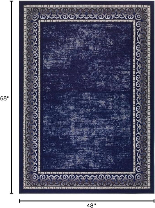 Antep Rugs Alfombras Bordered Modern 4x6 Non-Slip (Non-Skid) Low Pile Rubber Backing Indoor Area Rug (Navy, 4' x 5'8")