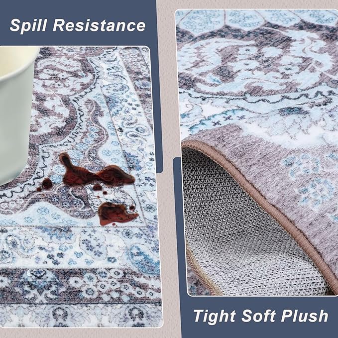 4x6 Area Rug for Bedroom, Machine Washable Rugs with Non-Slip Backing for Living Room, Soft Vintage Carpet Kitchen Laundry Kids Room Decor, Blue & Brown