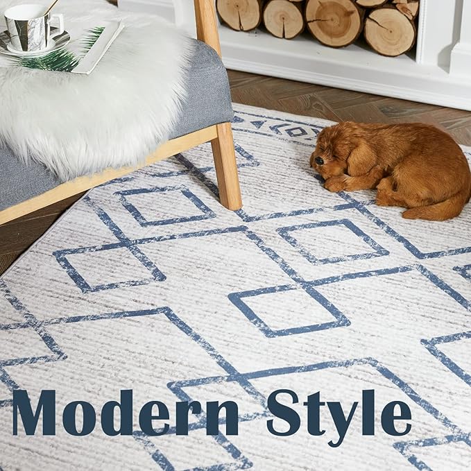 jinchan Hallway Runner Rug 3x10 - Moroccan Kitchen Machine Washable Runner Rug Modern Geometric Soft Faux Wool Ultra-Thin Low-Pile Non-Slip Carpet for Laundry Room Bedroom Farmhouse (3x10ft, Blue)