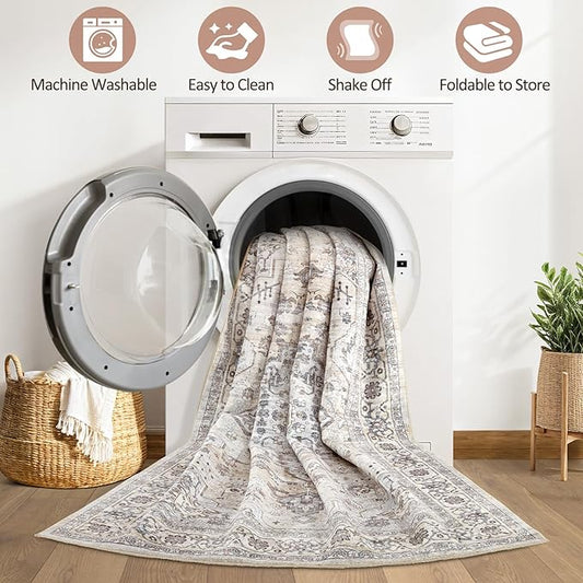 9x12 Area Rug Living Room: Washable Boho Large Neutral Vintage Soft Rugs Stain Resistant Farmhouse Non Slip Indoor Floor Carpet for Bedroom Nursery Kids Playroom Office Dining Room Home- Ivory Gray