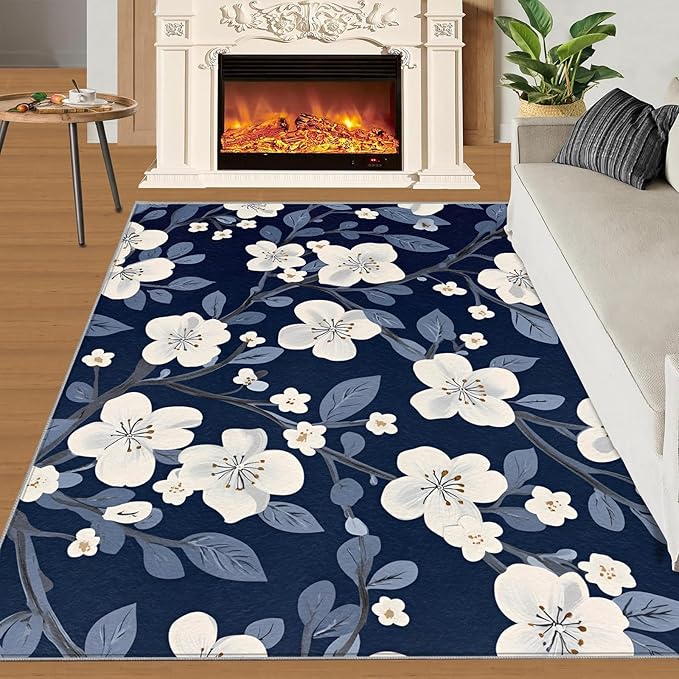 Boho Rugs for Bedroom - 6x9 Area Rug - Blue White Flowers Rugs for Living Room, Vintage Modern Flowers Rug, Washable Home Decor Carpet