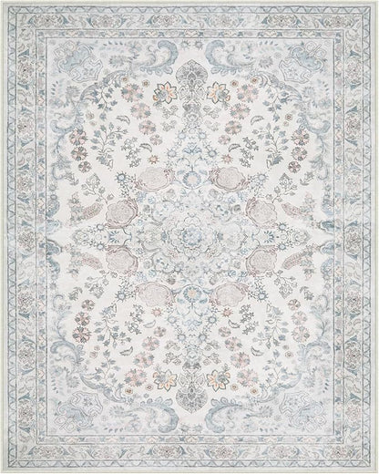 Wonnitar Floral 8x10 Washable Rug, Blue Rug for Bedroom Nursery Decor, Ultra-Thin Large Non-Slip Soft Boho Vintage Distress Print Carpet for Living Room Kids Playroom Office