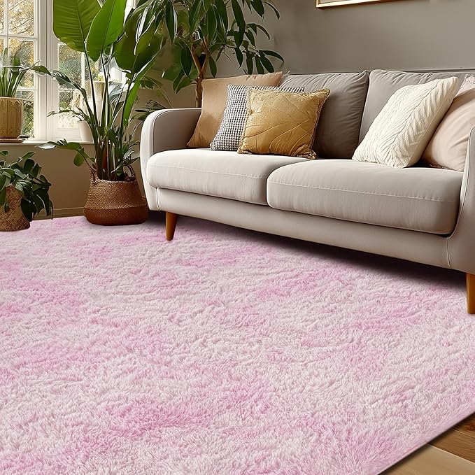 Andency 6x9 Area Rugs, Large Shag Fluffy Soft Shaggy Rugs for Living Room Bedroom, Non-Slip Tie-Dyed White Pink Thick Plush Carpet for Kids Girls and Boys, Dorm Nursery Home Decor Aesthetic