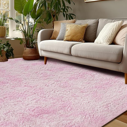 Andency 6x9 Area Rugs, Large Shag Fluffy Soft Shaggy Rugs for Living Room Bedroom, Non-Slip Tie-Dyed White Pink Thick Plush Carpet for Kids Girls and Boys, Dorm Nursery Home Decor Aesthetic